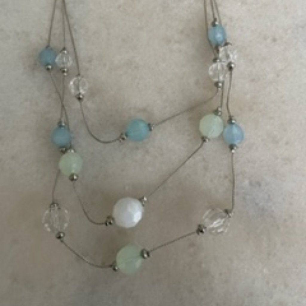 Old Navy Triple Strand Necklace-Blue, White, Green Beads-Silver Tone